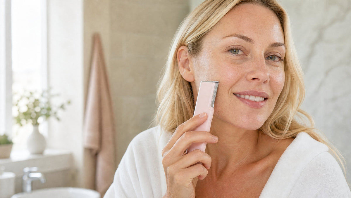 Woman gliding the blush pink GLEAUX ONE+ blade edge along her cheek