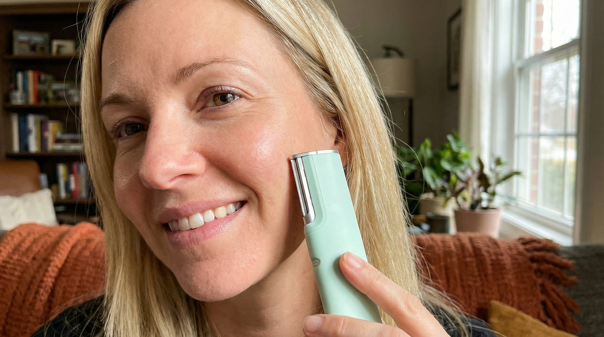 Woman at home beside a 60-day money-back guarantee seal