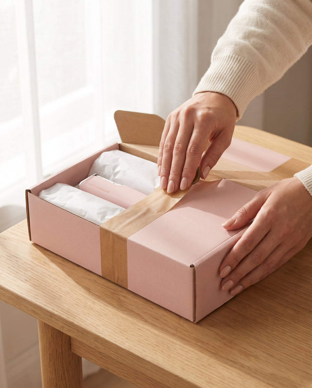 Hands sealing a DERMAGLEAUX order box with GLEAUX ONE+ inside